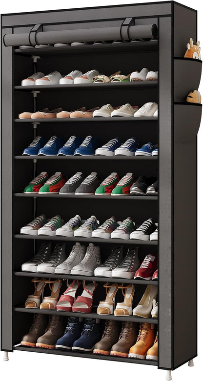 Laiensia 9-Tier Vertical Shoe Rack Organizer, Space Saving Shoe Storage Organizer, Non-Woven Cover Shoe Shelf Holds 36-45 Pairs for Bedroom, Hallway, Closet Entryway, Black