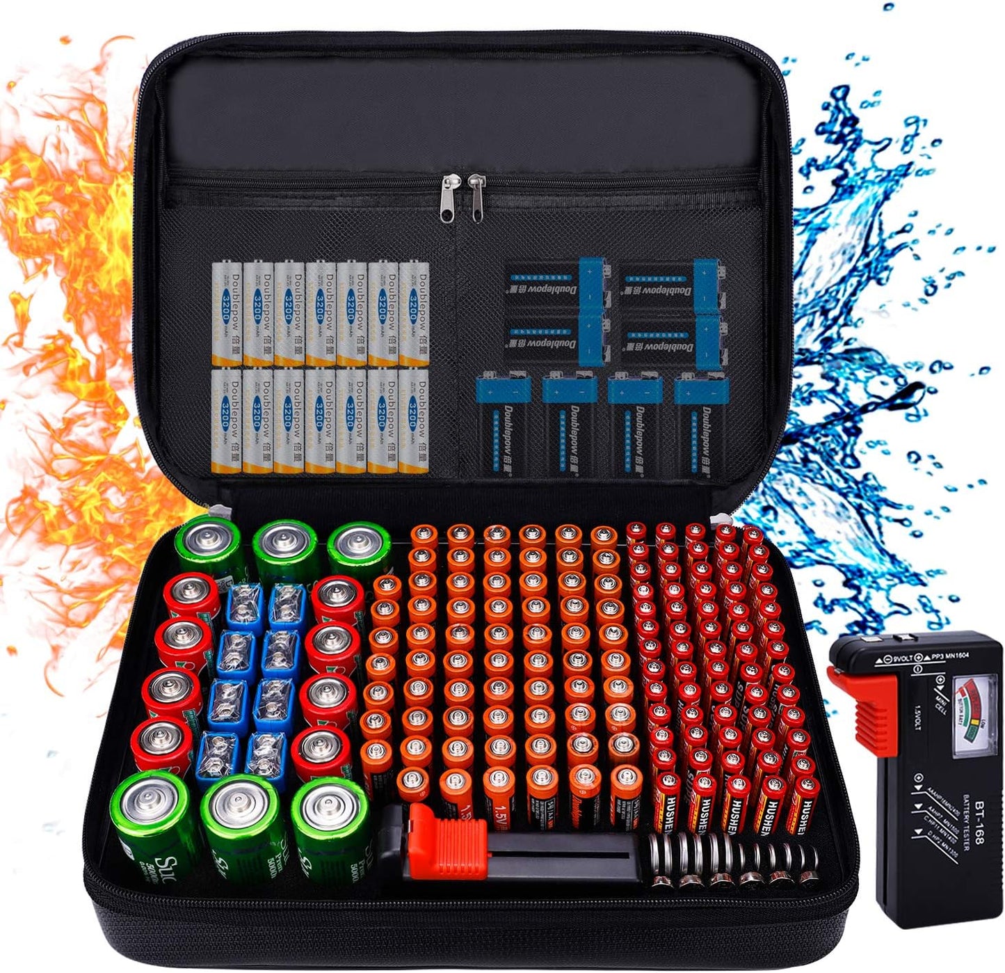 Tamfile Fireproof Battery Organizer Storage Case Waterproof&Explosionproof | Carrying Safe Bag , Fits 210+ Batteries Case, with Tester BT-168, Energy Batteries AA AAA C D 9V Lithium 3V Holder