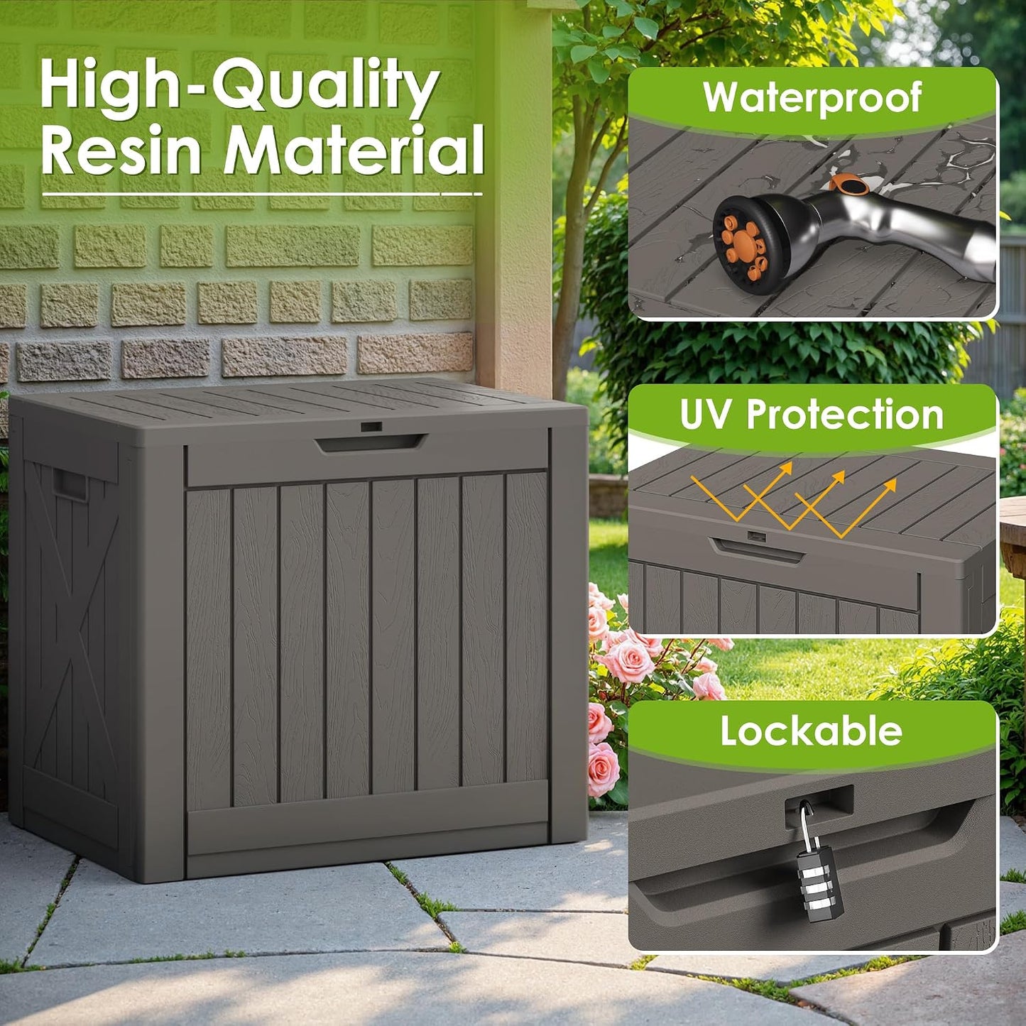 Greesum Outdoor Storage Box 31 Gallon Storage Box with Lid for Patio Furniture, Garden Tools, Pool Supplies, Waterproof and UV Resistant, Lockable, Dark Black