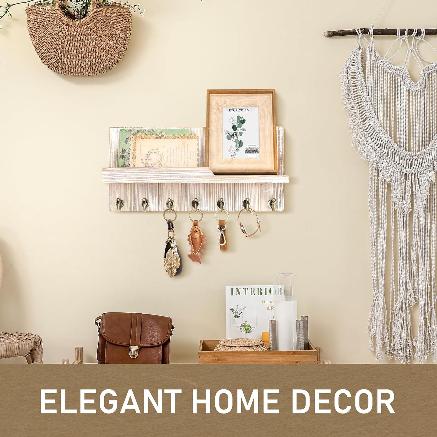 Rebee Vision Decorative Key Holder Wall Mount - Rustic Key Holder for Wall with Shelf and Mail Organizer for Living Room Decor - Home Essentials for Home Improvement (Brown, 3.54" x 10" x 7.28")