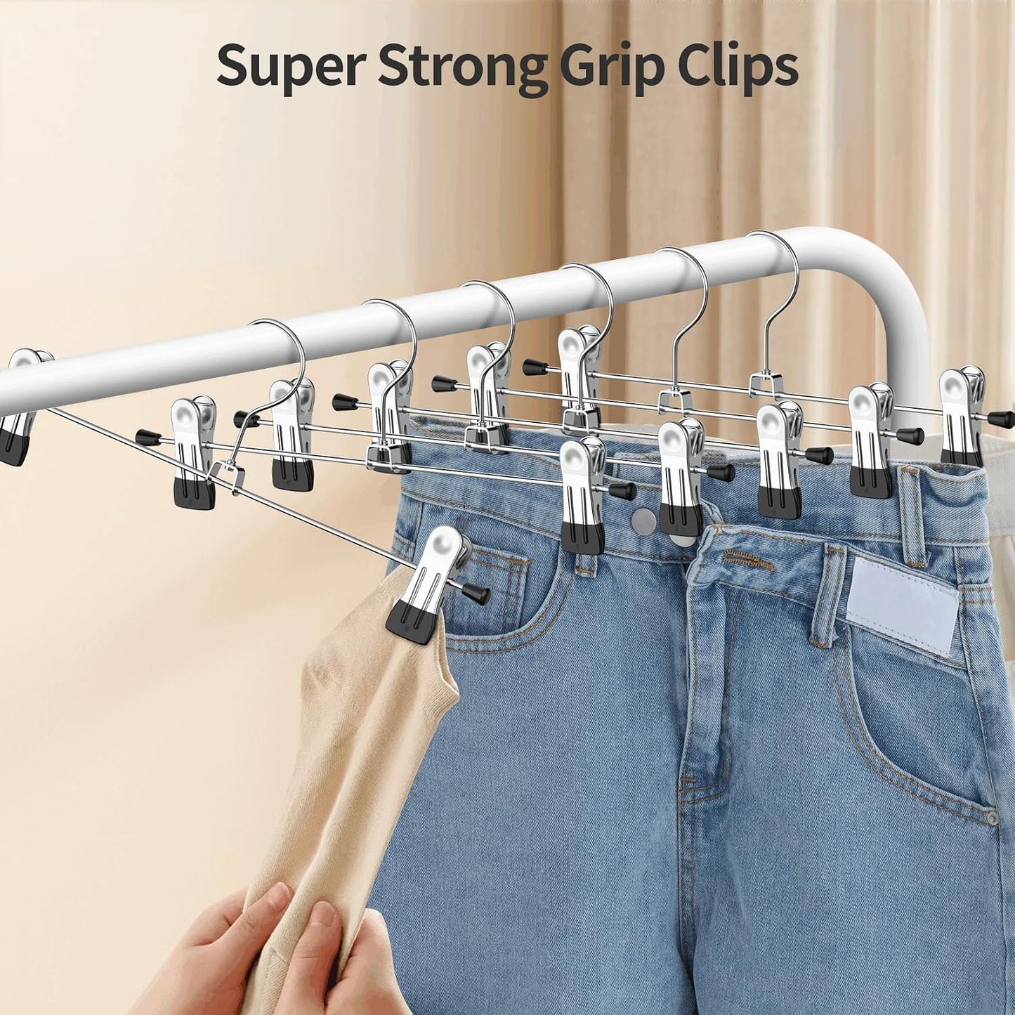 Pants Hangers with Clips: 10Pack Skirt Hangers for Women Metal Adjustable Trouser Hangers for Jeans Shorts Dress - Black