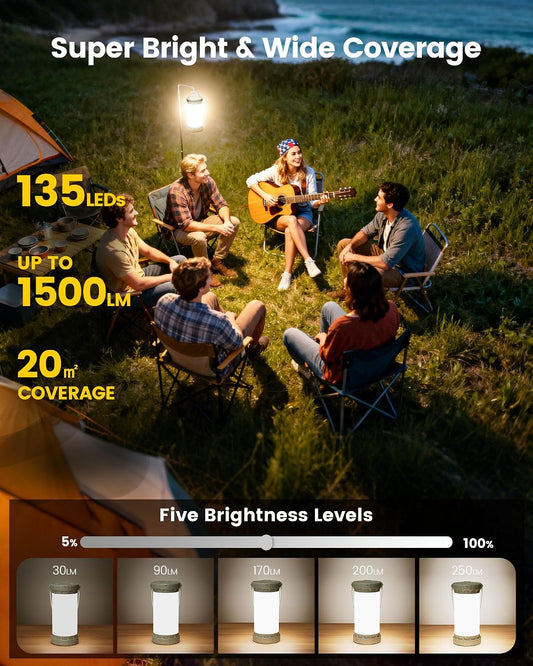 Glocusent 135 LED Ultra Bright Camping Lantern, Up to 200H, 5000mAh Camping Lights with 3 Colors & 5 Brightness, SOS, Max 1500LM, Rechargeable Lantern for Power Outages Camping Hiking Emergency