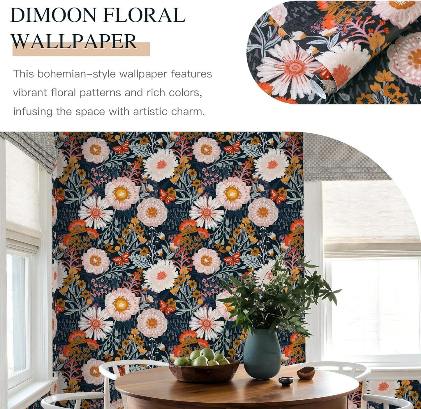 Dimoon 17.3''x78.7'' Peel and Stick Wallpaper Floral Cute Contact Paper Vintage Village Country Cottage Wallpaper Farmhouse Yellow Beige Renter Friendly Geometry Waterproof Embossed Kitchen Bedroom