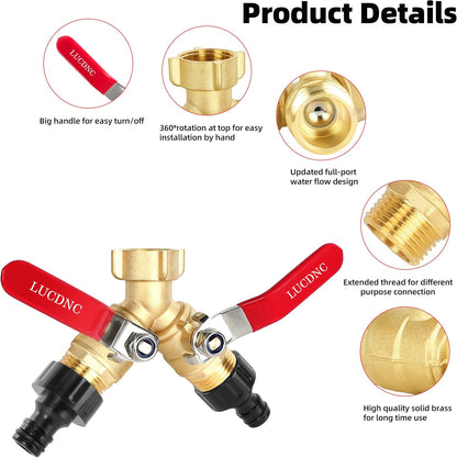 Upgrade Brass Garden Hose Splitter 2 Way Heavy Duty Y Valve With Stainless Steel Long Handle,4 Leakproof Washers,2 Connector,1 Tape As Gift,3/4" GHT Thread Water Hose Adapter