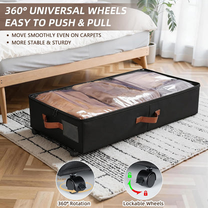 VECELO Under Bed Storage with Wheels, 2 Pack Fully Enclosed Zippered Dust Cover Bins with Clear Lids, Metal Frame and Ultra Thick Fabric Underbed Storage Organizer, Shoe Storage Box, Black