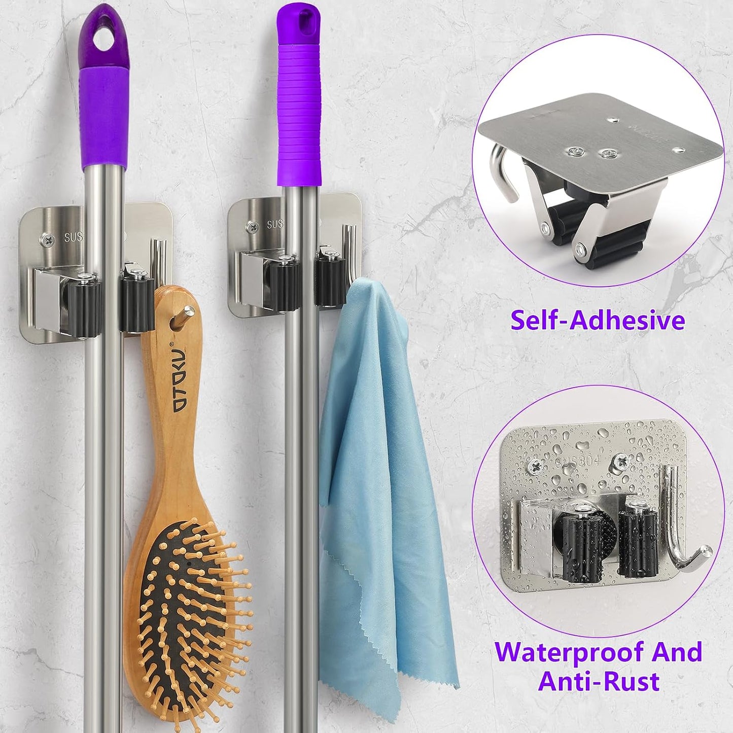 Stainless Steel Broom Holder, Heavy Duty, Rust Resistant, 4 Gripper Positions with 4 Hooks, Black