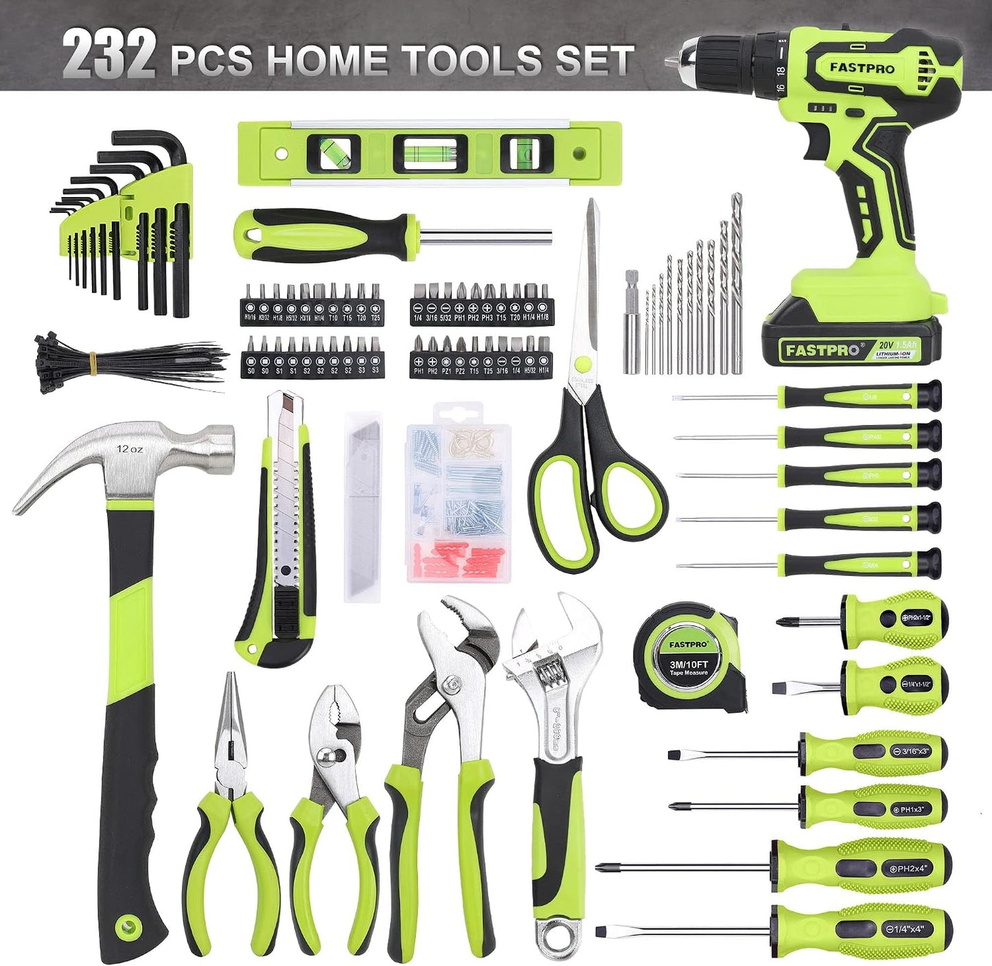 FASTPRO 232-Piece Home Tool Set with Drill, 20V Cordless Drill Driver, Household Repairing Tool Kit with Drill, 12-Inch Wide Mouth Storage Tool Bag Included, Red