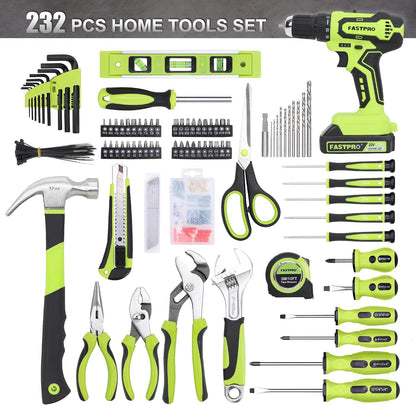 FASTPRO 232-Piece Home Tool Set with Drill, 20V Cordless Drill Driver, Household Repairing Tool Kit with Drill, 12-Inch Wide Mouth Storage Tool Bag Included, Red