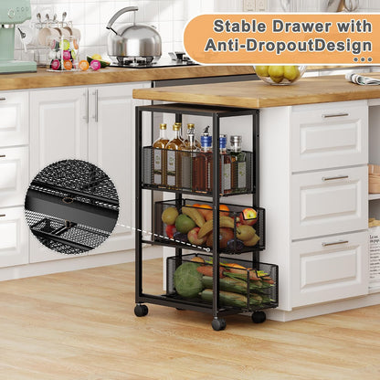 4 Tier Kitchen Rolling Cart, Kitchen Storage Cart with Wheels, Adjust Pantry Organizer and Storage Cart with Drawer, Fruit Vegetable Spice Storage Cart, Wooden Top Metal Kitchen Organizer Rack Stand