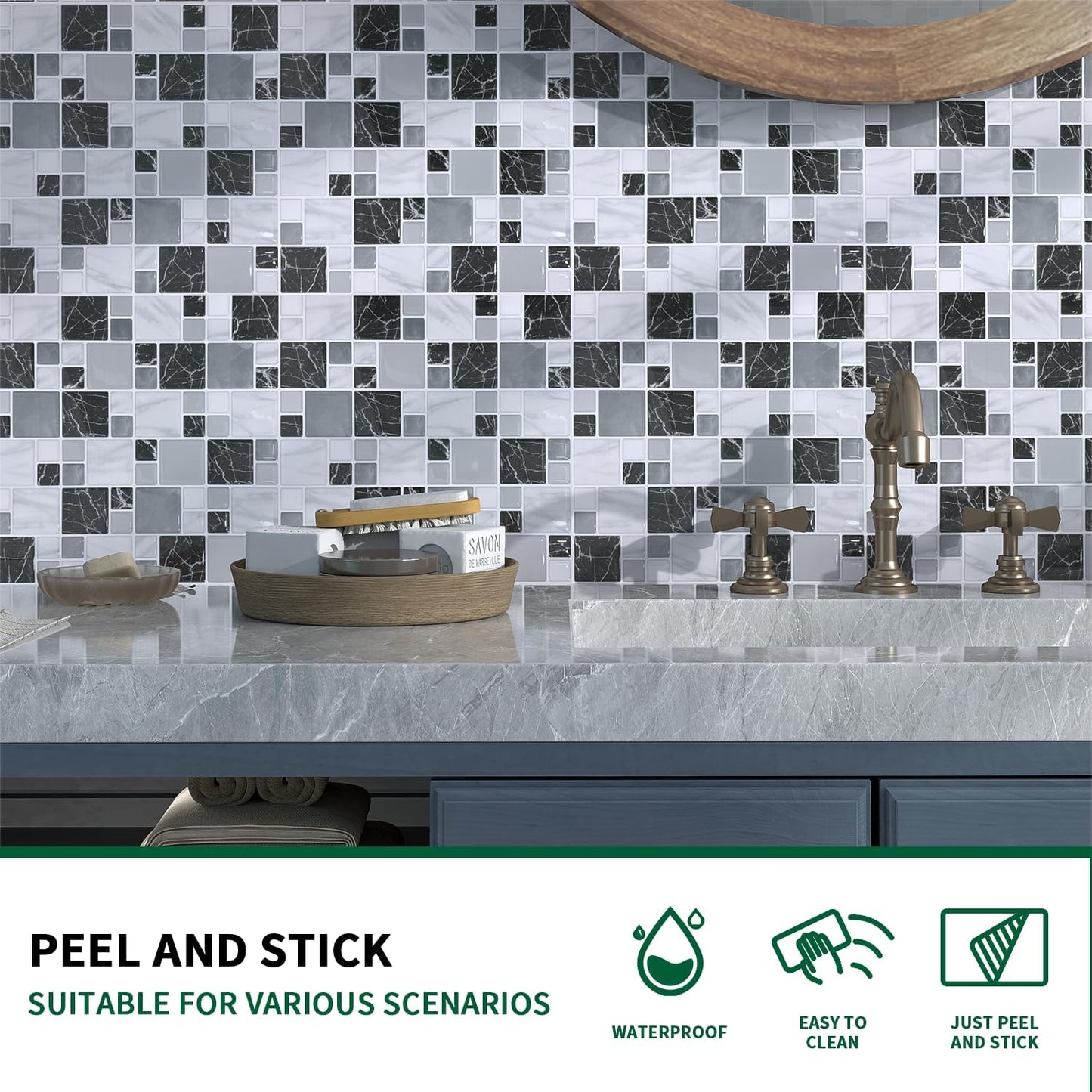 10 Sheet Peel and Stick Backsplash Tile for Kitchen, 12” x 12” Self Adhesive Glossy Vinyl Wall Subway Tiles Waterproof No Residual for Bathroom Fireplace, White with Gray Grout