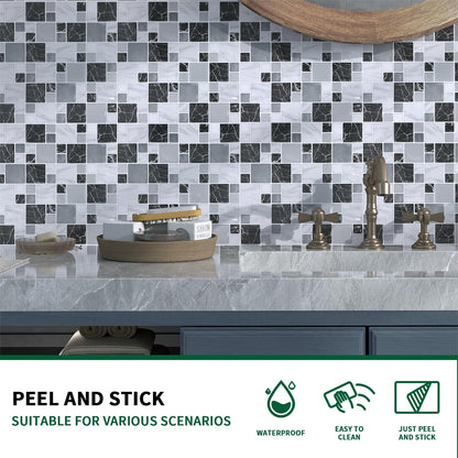 10 Sheet Peel and Stick Backsplash Tile for Kitchen, 12” x 12” Self Adhesive Glossy Vinyl Wall Subway Tiles Waterproof No Residual for Bathroom Fireplace, White with Gray Grout