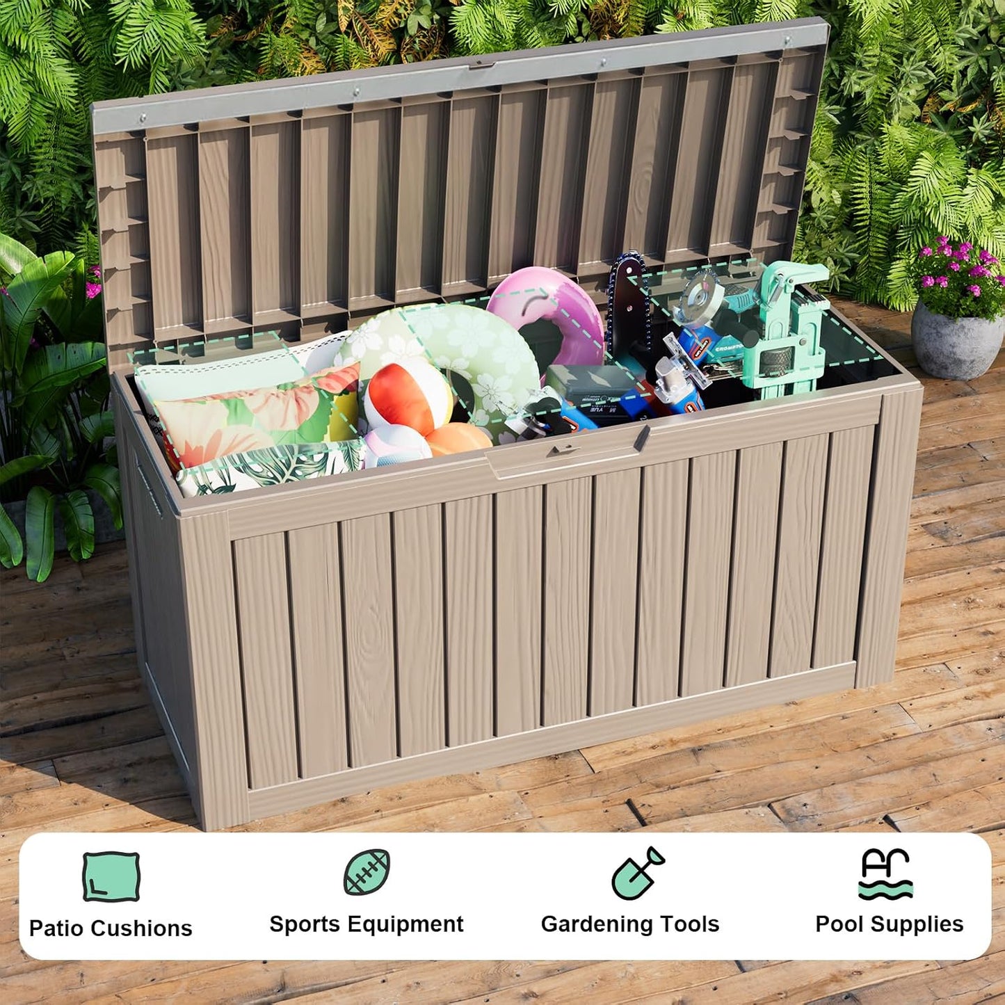 ROJIK 120 Gallon Waterproof Outdoor Deck Storage Box, Lockable Resin Patio Storage Bin with Lid for Garden Tools, Patio Cushions & Outdoor Accessories(Black)