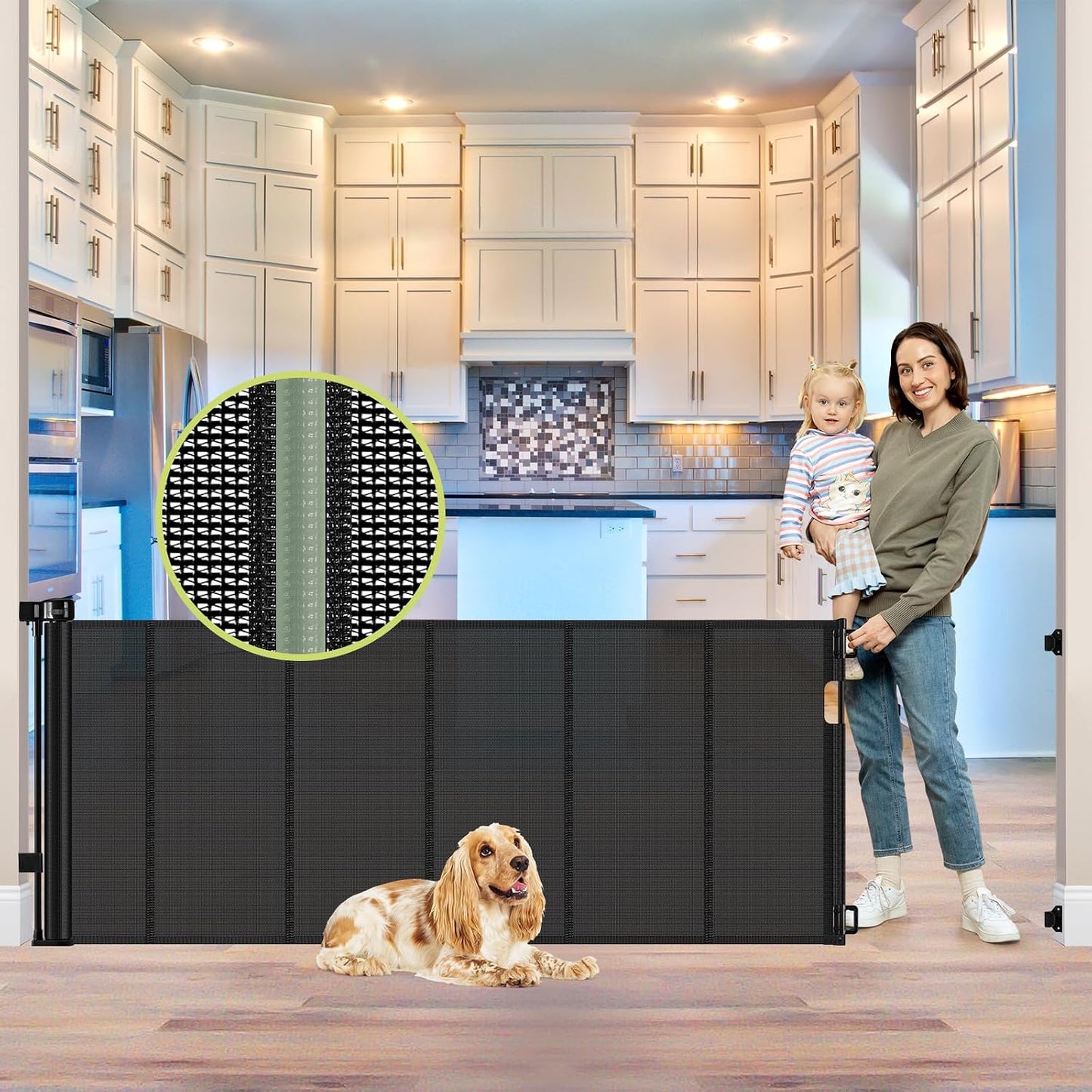 Reinforced 55" Wide Retractable Baby Gates with Reinforced Strips, Indoor/Outdoor Retractable Dog Gate for Doorway Prevent Bottom Drilling Through, No Bottom Bar Safety Mesh Baby Gate for Stair, Black