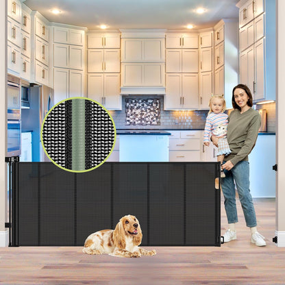 Reinforced 55" Wide Retractable Baby Gates with Reinforced Strips, Indoor/Outdoor Retractable Dog Gate for Doorway Prevent Bottom Drilling Through, No Bottom Bar Safety Mesh Baby Gate for Stair, Black