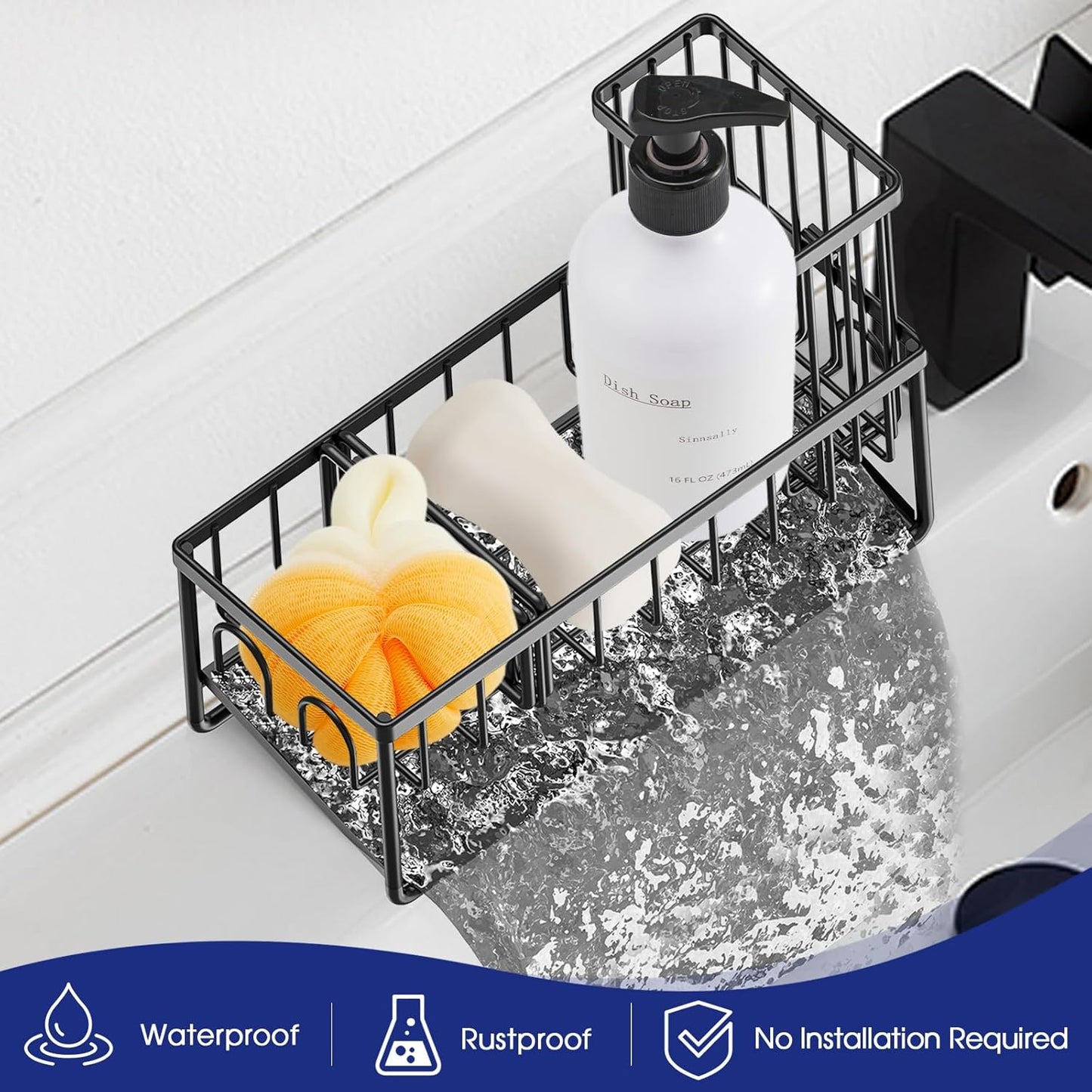 Sinnsally Kitchen Sponge Holder,Sink Caddy Organizer with High Brush Holder,Stainless Steel Sink Box Dish Scrubber Holder,Soap Tray for Kitchen Counter Accessories & Storage Rack(2 Tier - Black)