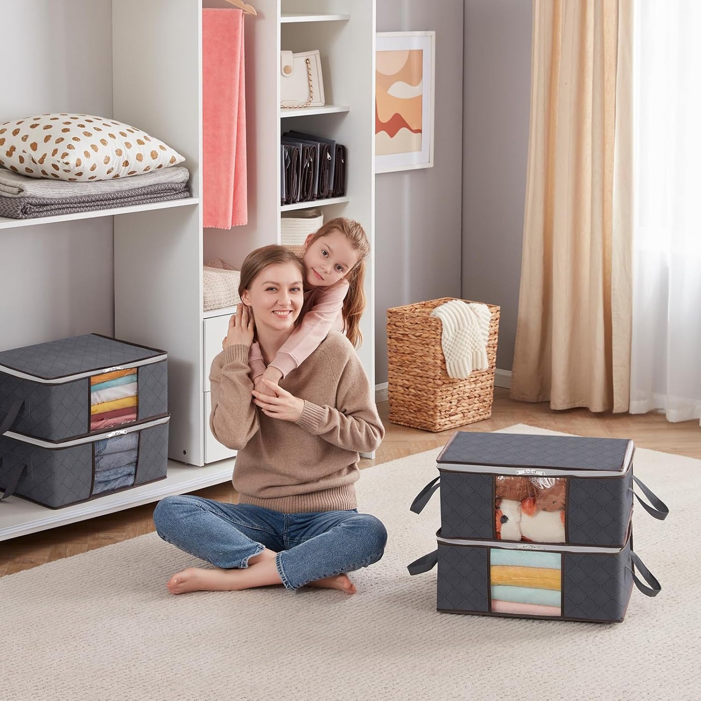 Lifewit 3 Pack 90L Clothes Storage Bins with Lids, Foldable Blanket Storage Bags with Zippers, Clear Window and Reinforced Handles, Closet and Organization for Clothing, Sweater, Comforter, Bedding