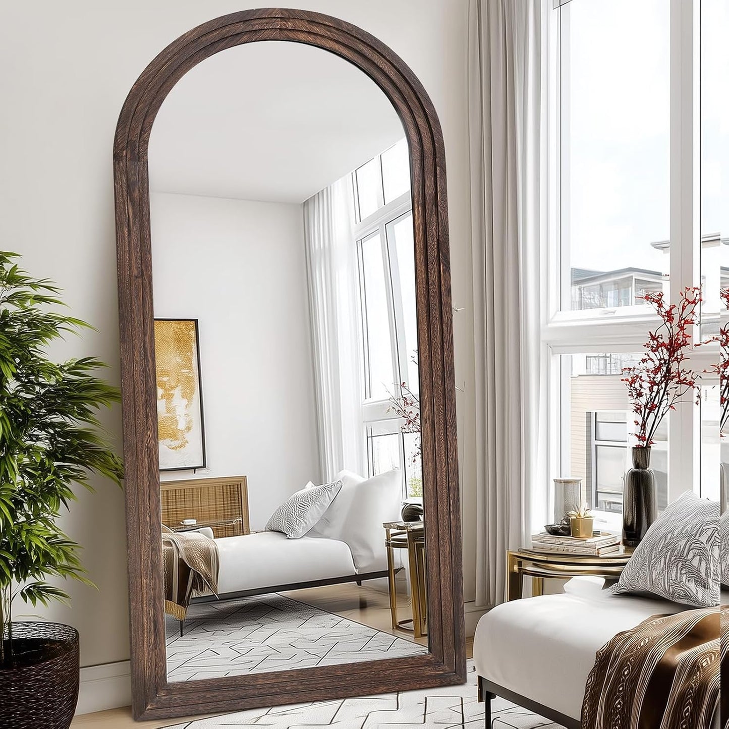 Solid Wood Full Length Mirror - 65"x22" Arched Floor Mirror, Free Standing & Wall Mounted - Elegant Design for Bedroom, Dressing Room, Hallway, Brown
