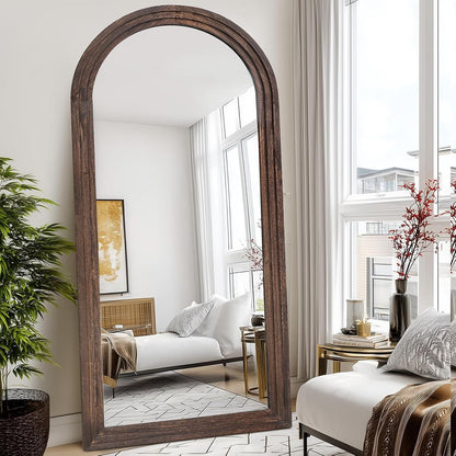 Solid Wood Full Length Mirror - 65"x22" Arched Floor Mirror, Free Standing & Wall Mounted - Elegant Design for Bedroom, Dressing Room, Hallway, Brown