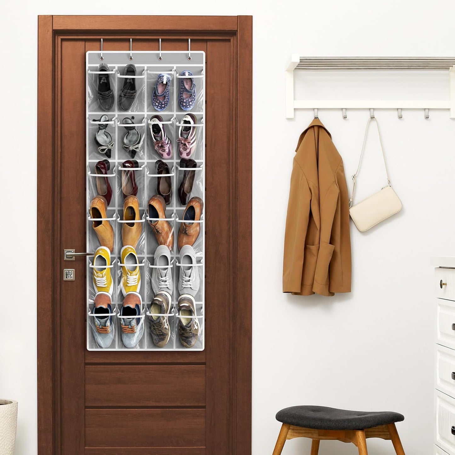 Simple Houseware 24 Pockets - Crystal Clear Over The Door Hanging Shoe Organizer, Gray (64'' x 19'')