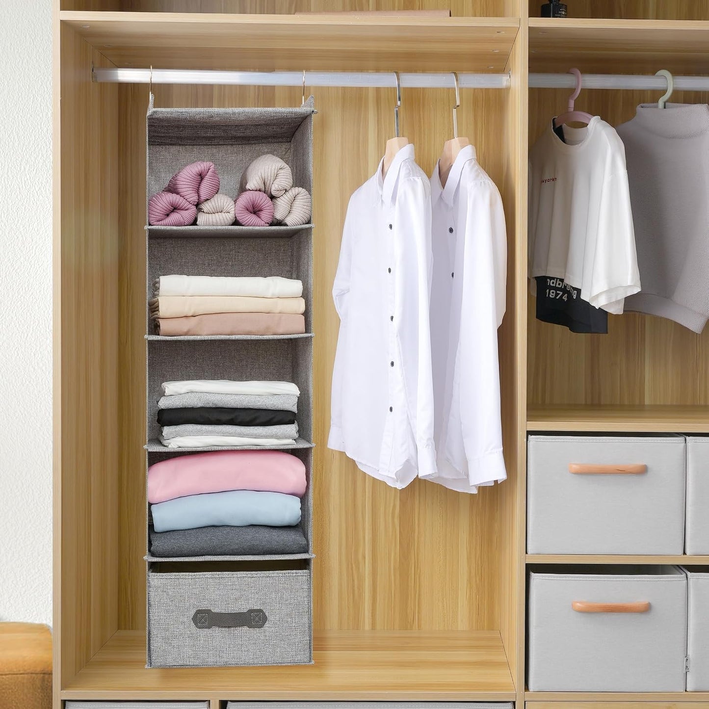 Large Hanging Sweater Organizer for Closet,Collapsible 6-Shelf Hanging Closet Shelves with Drawers, Washable (Grey-6 Shelf)
