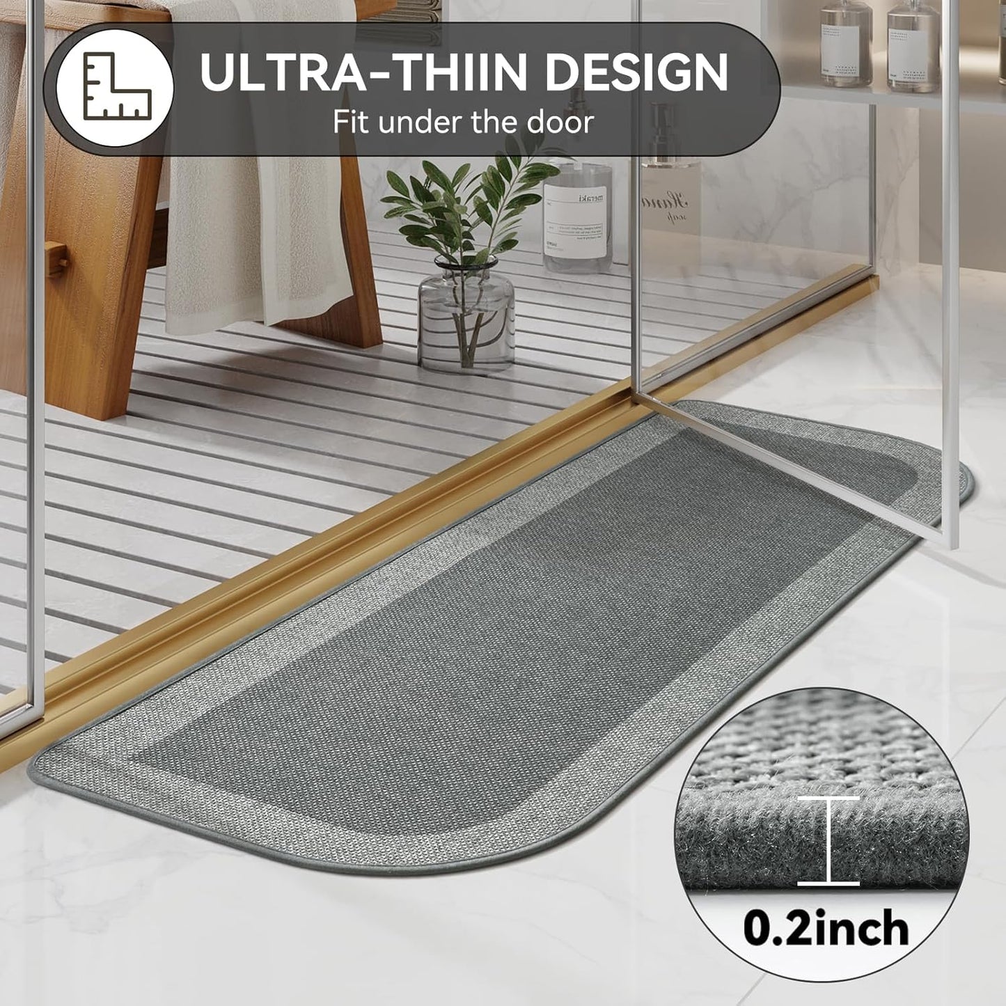 YDKGL Ultra Thin Bathroom Rugs Mat Quick Dry Absorbent Non Slip Bath Mat Bath Mats for Bathtub Mat Bathroom Carpet Fit Under Door Washable Floor Rubber Half Round Bath Rugs Grey 16x24