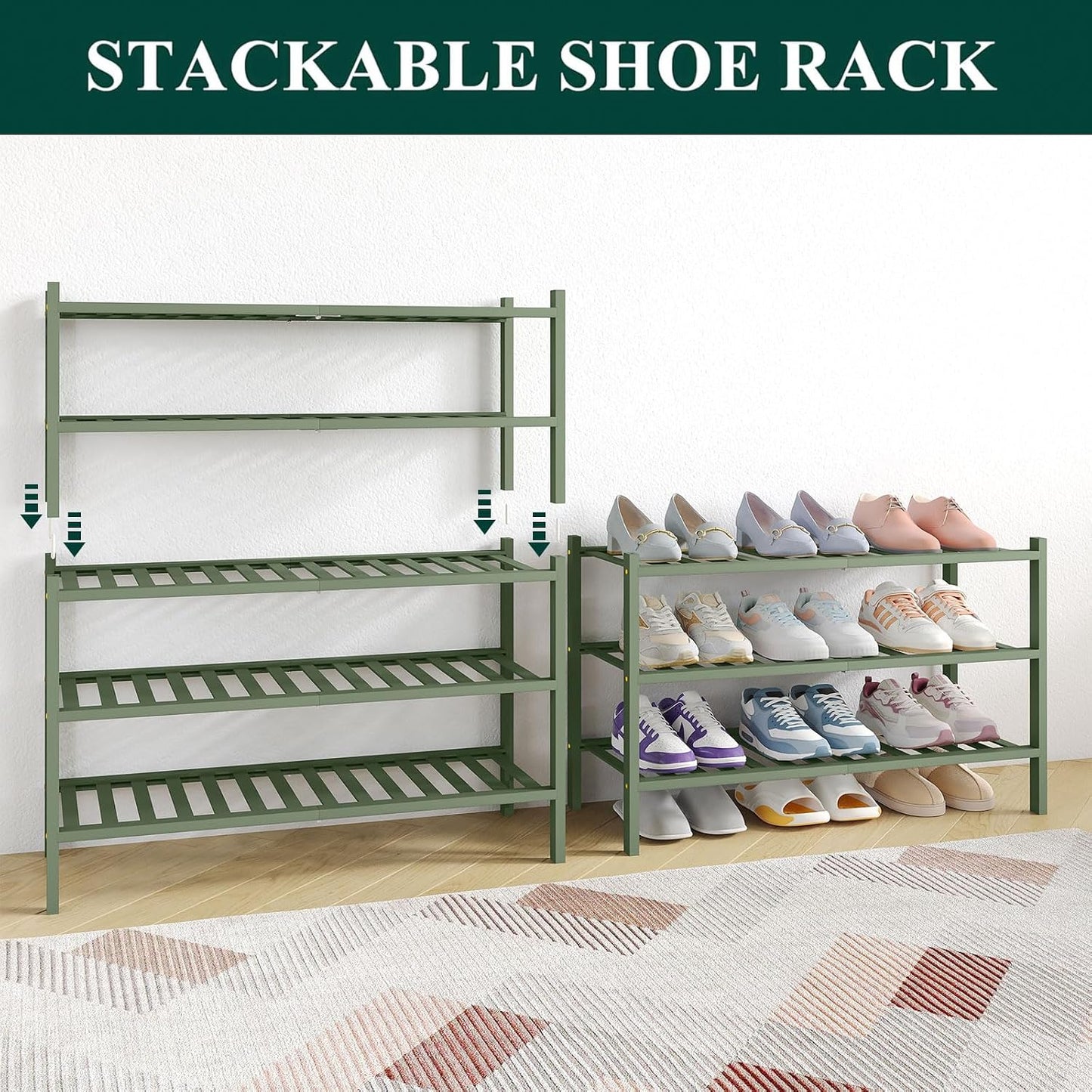 Smiry Bamboo Shoe Rack for Closet, 3 Tier Wooden Shoe Organizer, Stackable Wood Shoe Storage Shelf for Entryway, 14 Vertical Slats, One-piece Heavy-Duty Legs, 26.77"x11.02"x18.31", Natural
