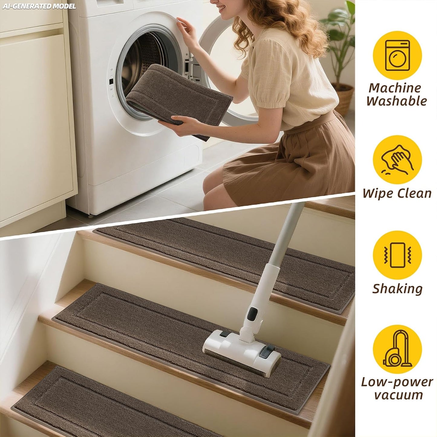 JSEI Stair Treads for Wooden Steps Indoor, 15-Pack Non Slip Stair Treads 30" x 8", Washable Polyester Stair Mats with TPE Backing, Low Profile Stair Rugs for Kids, Seniors and Dogs, Brown