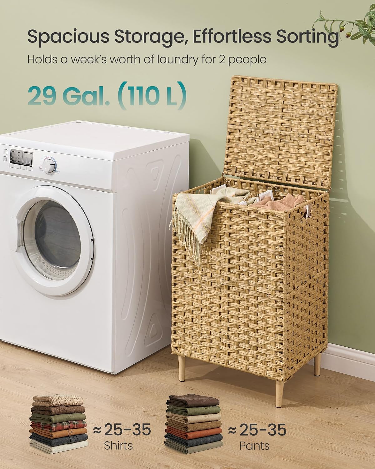 SONGMICS 3-Section Laundry Hamper with Lid, 42.2 Gal (160L) PE Rattan Laundry Basket with Removable Washable Liners, for Bedroom & Living Room, Chestnut Brown ULCB223ME01
