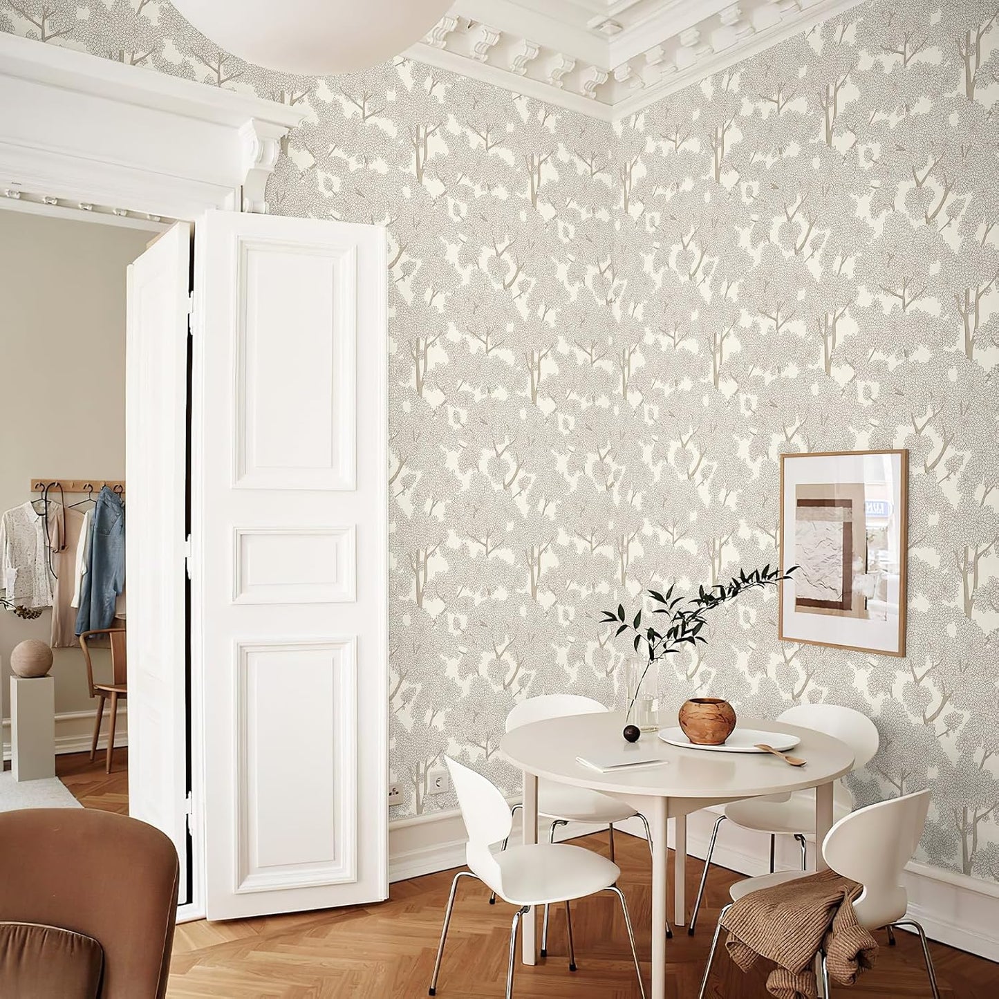 JiffDiff Tree Wallpaper Peel and Stick Jungle Wall Paper Forest Mural Stick on Wallpaper Modern Waterproof Self Adhesive Contact Paper (17.3" x 120" Cream)