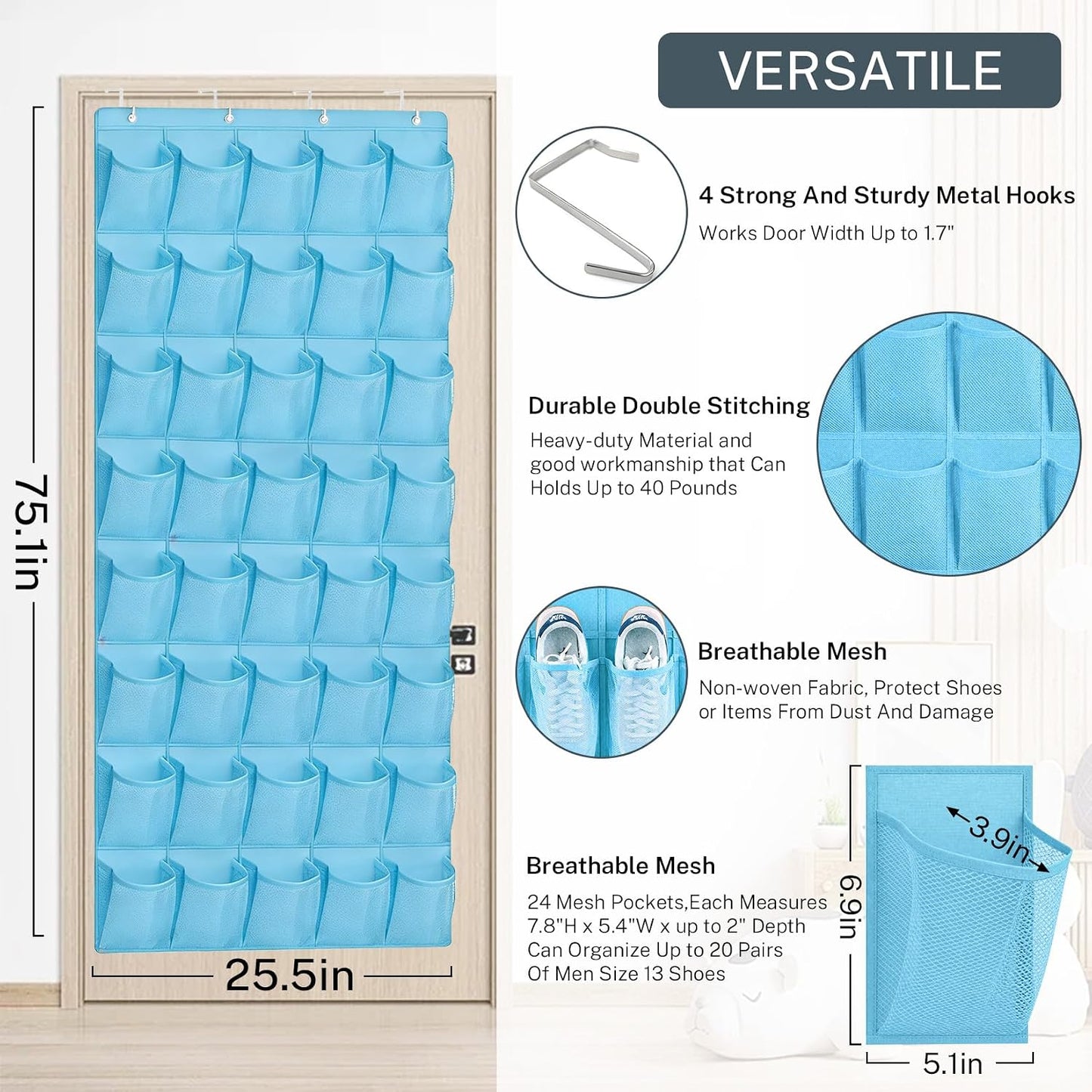 40 Large Mesh Pocket Over the Door Shoe Organizer,Hanging Shoe Rack for Door,Hualleko Shoes Organizer Hanger with Large Capacity, Shoes Storage Holder Sturdy Non-woven Fabric - Stores 20 Pairs (White)