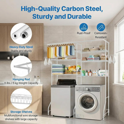Over the Washer and Dryer Storage Shelf, 6-Tier Laundry Room Organizer with Hanging Rod & Hooks, Adjustable Heavy Duty Carbon Steel Space Saver Rack, Fits Most Washers and Dryers, Black (White)