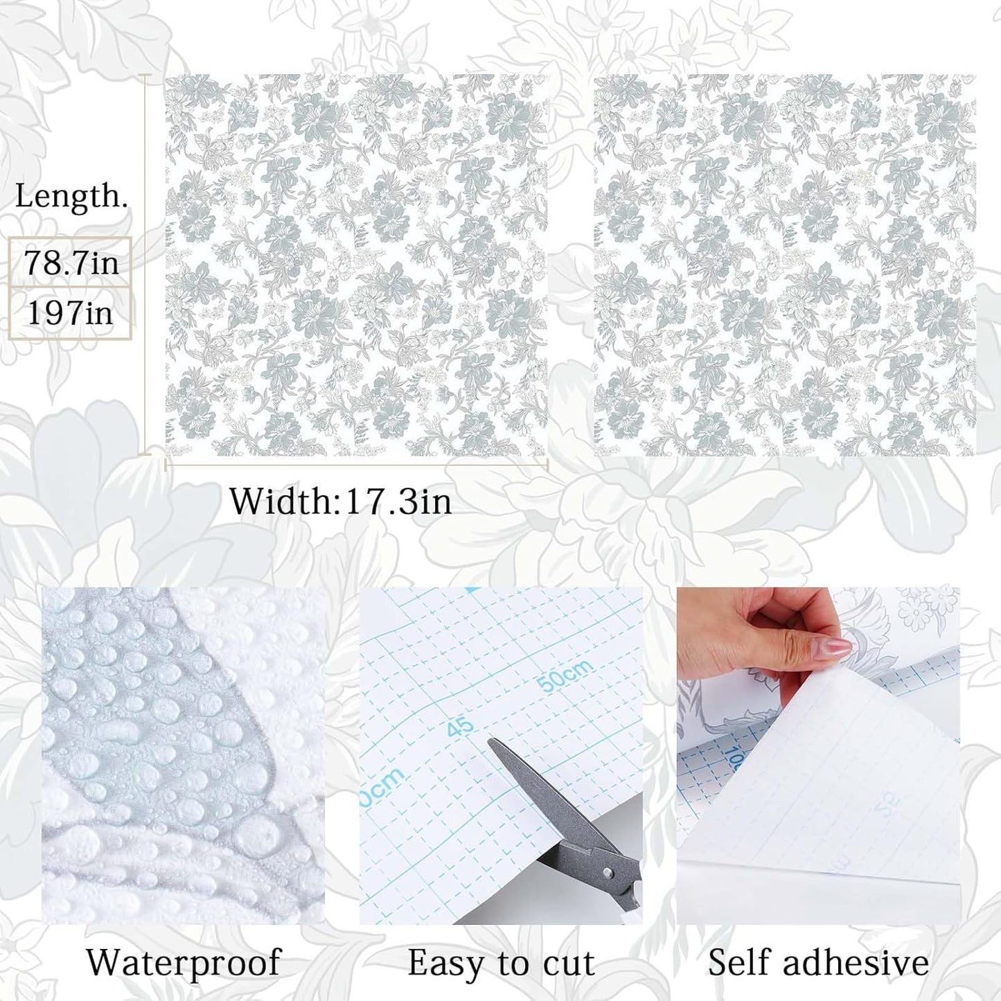GloryTik Floral Peel and Stick Wallpaper, Removable Blue Floral Contact Paper, Self Adhesive Renter Friendly Wallpaper for Bedroom Living Room Bathroom (17.3" x 78.7")