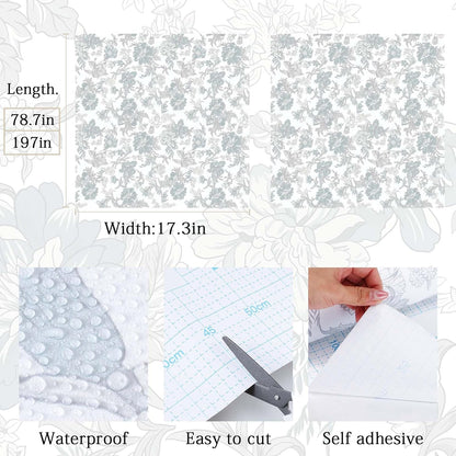 GloryTik Floral Peel and Stick Wallpaper, Removable Blue Floral Contact Paper, Self Adhesive Renter Friendly Wallpaper for Bedroom Living Room Bathroom (17.3" x 78.7")