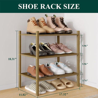 Smiry Bamboo Shoe Rack, 3 Tier Free Standing Wooden Shoe Organizer, Stackable Wood Shoe Storage Shelf for Closet, Entryway, 5 Horizontal Slats, 26.8"x11"x18.3", Natural