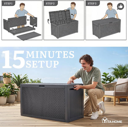 YITAHOME 95 Gallon Outdoor Storage Deck Box | Waterproof Resin Deck Box w/Handles, Lockable Outdside Deck Box for Patio Furniture, Garden Tools, Lockable & UV
