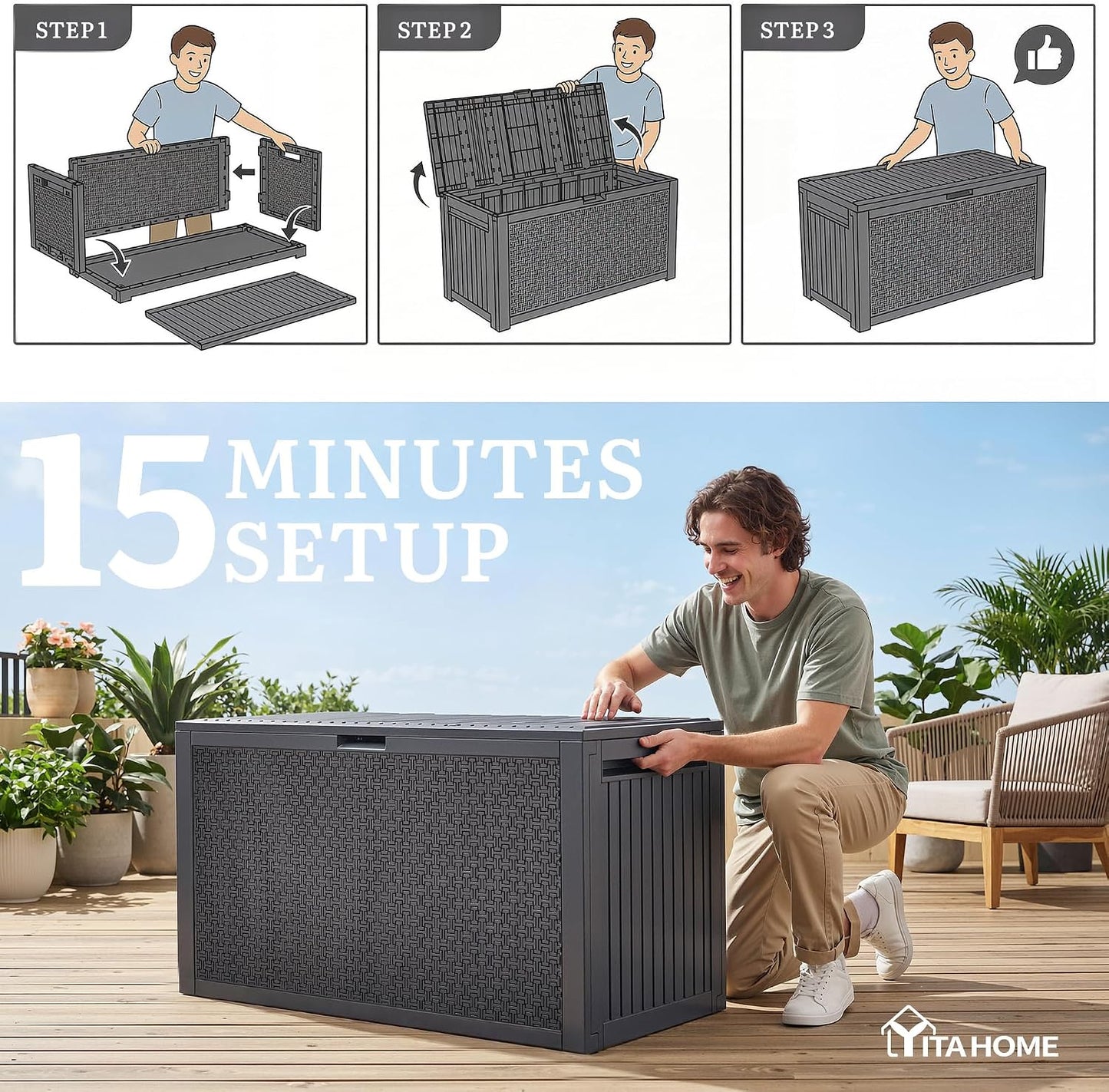 YITAHOME 100 Gallon Large Outdoor Deck Box | Waterproof Resin Storage Box, Lockable Indoor Outdoor Storage Container for Patio Furniture Cushions, Pool Accessories