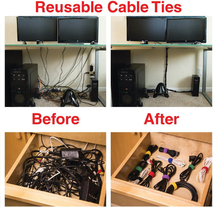 Cable Clips 3M Adhesive, Multipurpose Wire Clamps for Cable Management and Cable Runs - 50 Pack Black Bundled with 10 Reusable Cable Ties