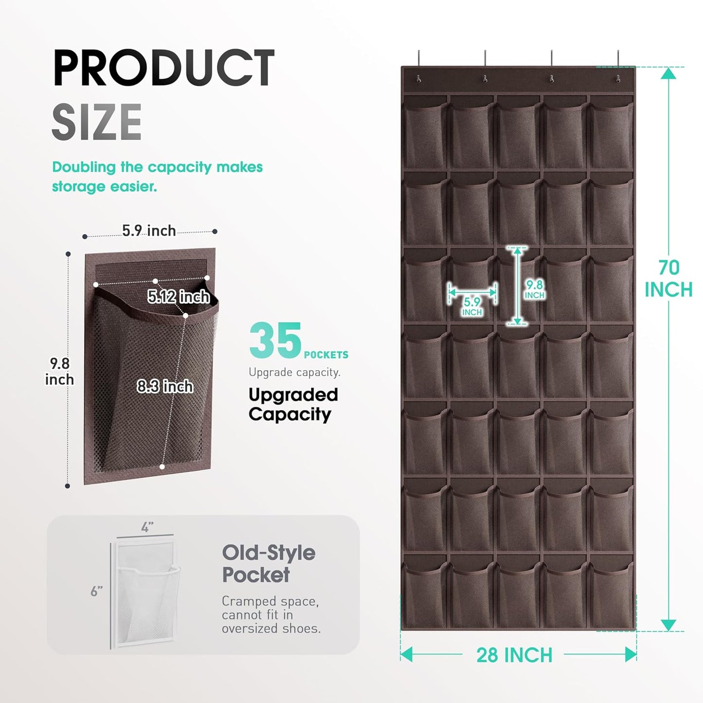 WVM Over the Door Shoe Organizer with 35 Breathable Mesh Pockets, Hanging Shoe Organizer for Door with 4 Metal Hooks, Large Capacity Closet Storage for Shoes, Accessories, Grey