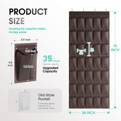 WVM Over the Door Shoe Organizer with 35 Breathable Mesh Pockets, Hanging Shoe Organizer for Door with 4 Metal Hooks, Large Capacity Closet Storage for Shoes, Accessories, Grey
