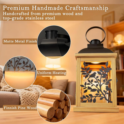 Candle Warmer Lamp Wood with Timer & Dimmer, Enclosed Flameless Top Down Candle Warmer, Farmhouse Lantern Candle Warmer for Jar Candles, Housewarming Home Decor Gift for Men & Women