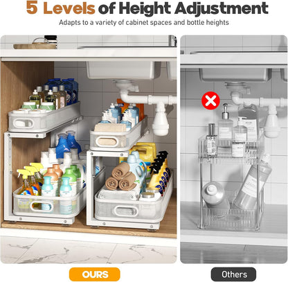 2 Pack Under Sink Organizer With Smooth Cylindrical Rail,2-Tier Pull Out Multi-Purpose Cabinet Storage for Bathroom&Kitchen,Height Adjustable,Rust-resistant Coating-White