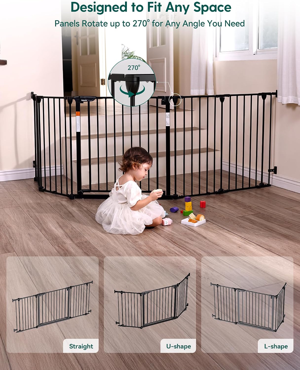 Babelio 104" Extra Wide Baby Gate, 30” Tall Auto Close Dog Fence for Stairs Doorways Fireplace, Hardware Mounted Pet Gate Indoor, Foldable 5 Metal Panels, AdaptiZone Series, Black