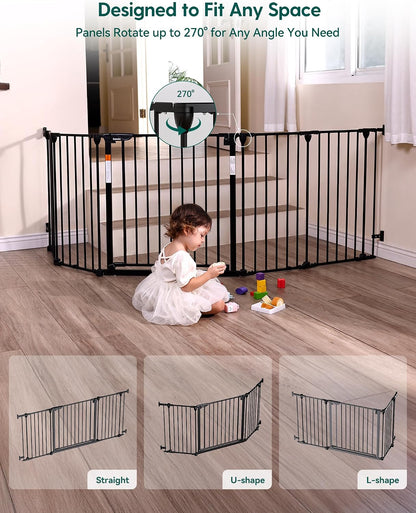 Babelio 104" Extra Wide Baby Gate, 30” Tall Auto Close Dog Fence for Stairs Doorways Fireplace, Hardware Mounted Pet Gate Indoor, Foldable 5 Metal Panels, AdaptiZone Series, Black