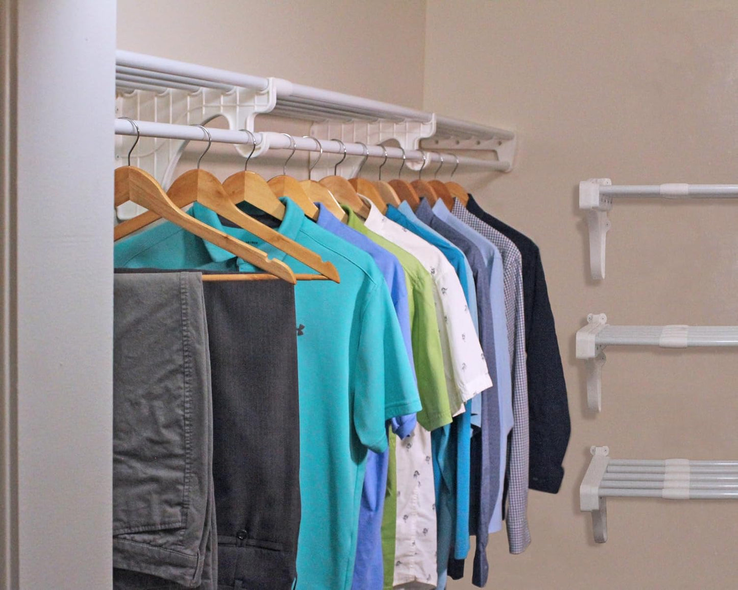EZ SHELF- Closet Shelf with Hanging Rod, Expands 40.5-73", White, Closet Shelves Hold 200 lbs, Easy Install Closet Organizer to 2 Side Walls, Alternate for Closet Wire Shelving & Laundry Room Shelves
