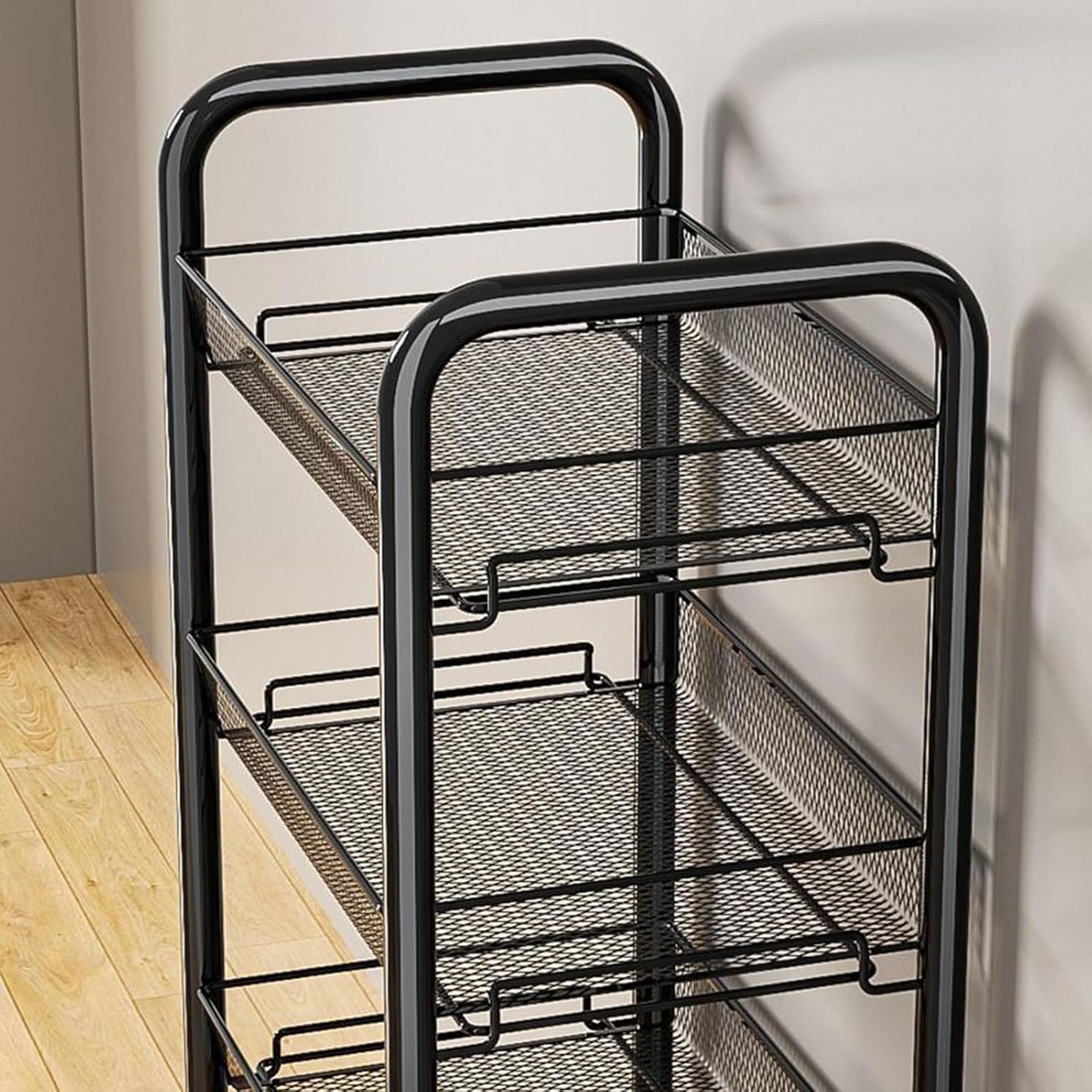 5-Tier Rolling Cart, Stackable Fruit Vegetable Rack, Kitchen Mesh Storage Basket with 360 Degree Wheels, Snack Cart for Kitchen Pantry Bathroom Organizer Heighten Guardrail Detachable (5-Tier Black)