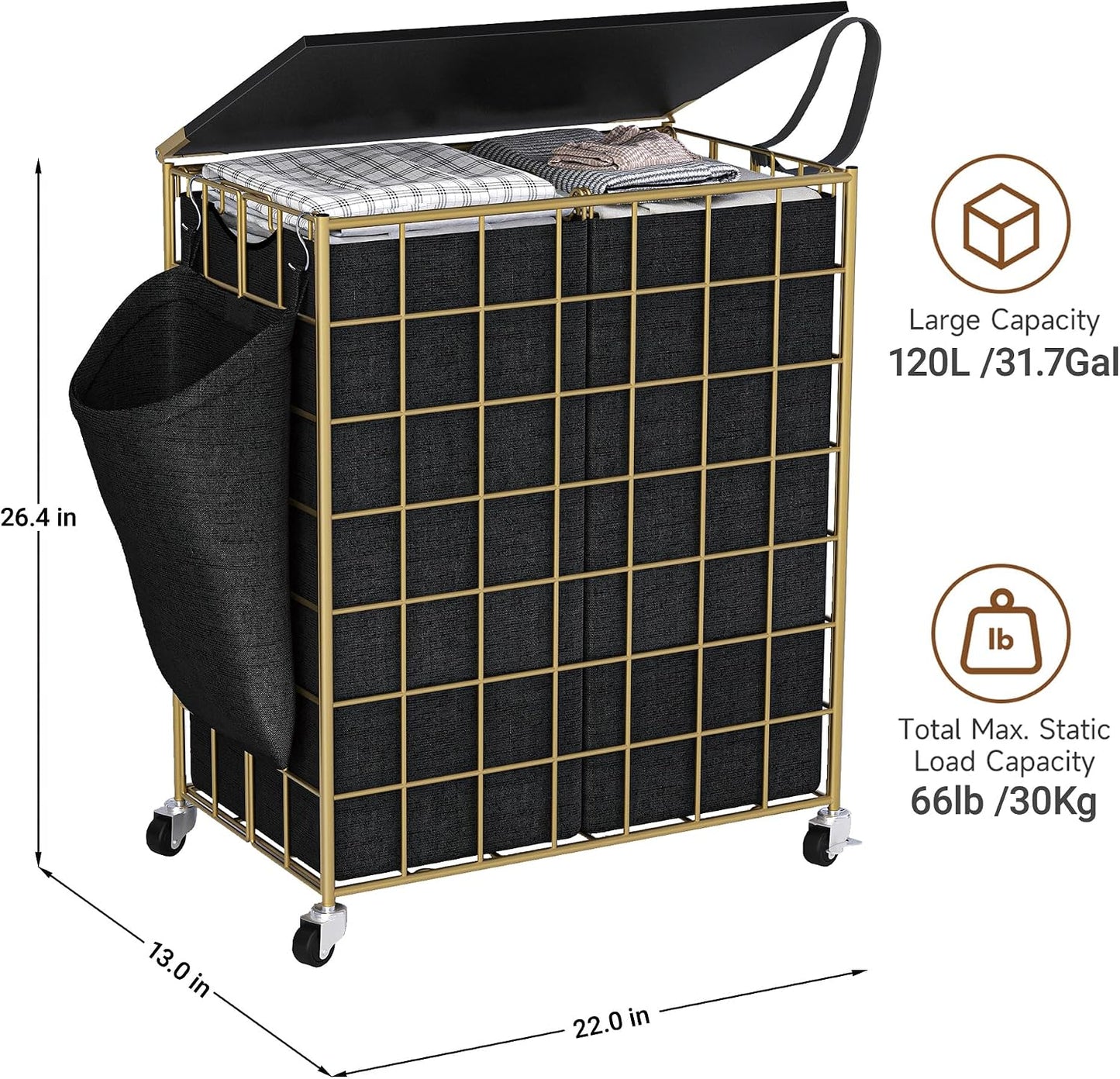 Laundry Basket with Wheels, Heavy Duty Laundry Sorter 2 Sections, 120L (32Gal.) Large Capacity Laundry Hamper with Wood Lid, 360 Rolling Wheels, Extra Side Pocket, Leather Pull Handle, Beige