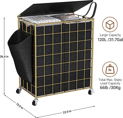 Laundry Basket with Wheels, Heavy Duty Laundry Sorter 2 Sections, 120L (32Gal.) Large Capacity Laundry Hamper with Wood Lid, 360 Rolling Wheels, Extra Side Pocket, Leather Pull Handle, Beige