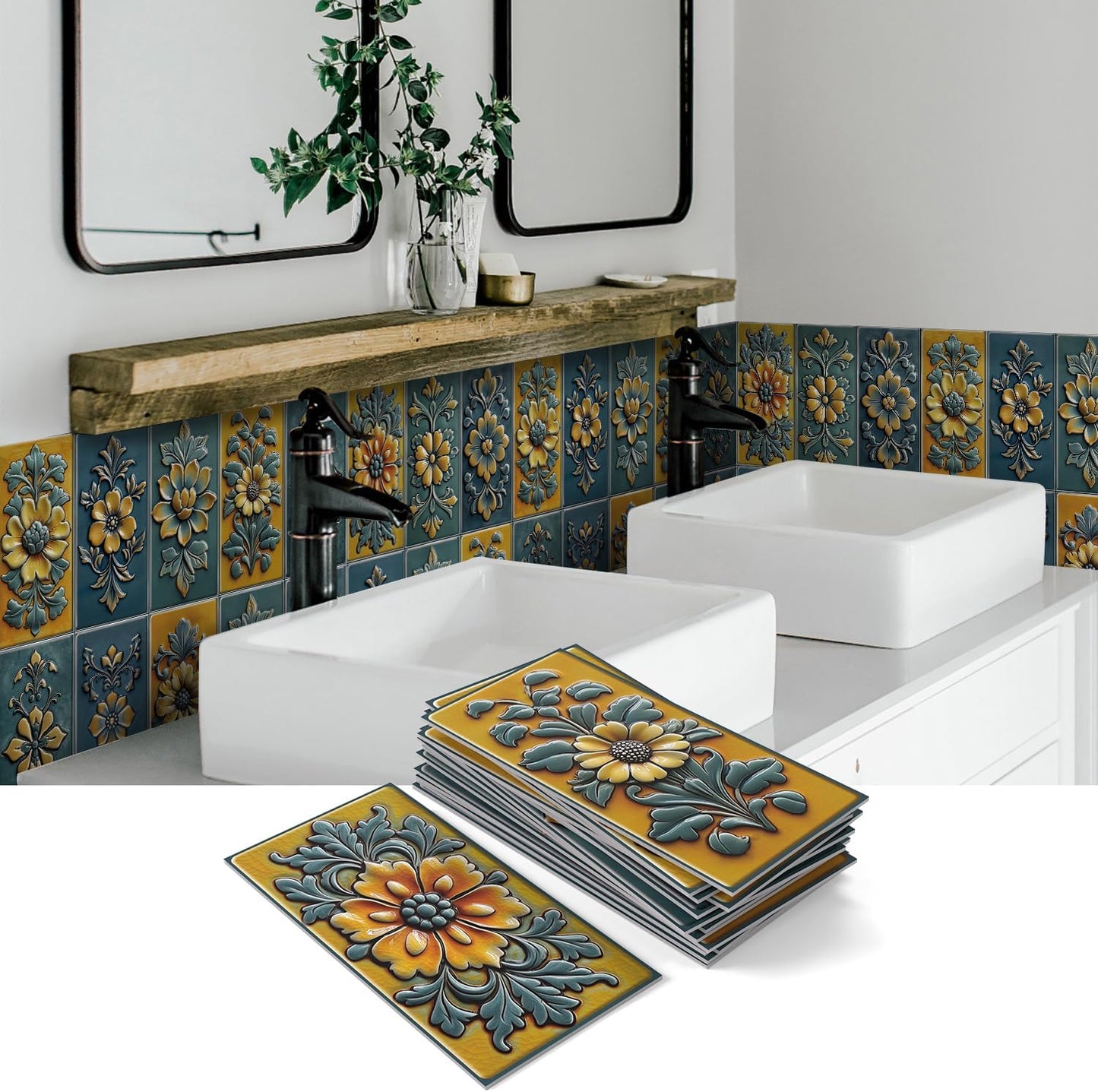 VICCI 32Pcs Tile Decals - Peel and Stick Kitchen Backsplash - Decorative Wall Tiles Stickers 8" x 4" Self-Adhesive Waterproof Removable for Bathroom Cabinets Home DIY Projects Decor