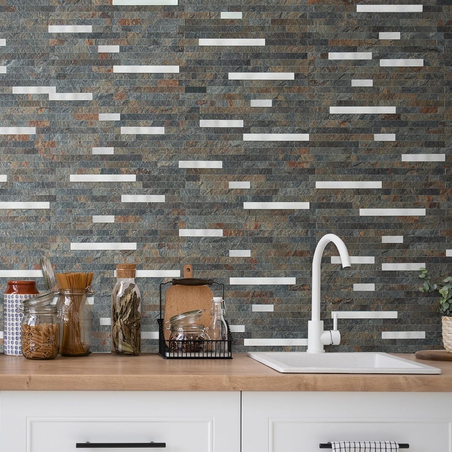 AULIGET 20 Sheets Peel and Stick Backsplash, Black & Grey Wood Look PVC Mixed Metal Stick on Backsplash Tiles for Kitchen