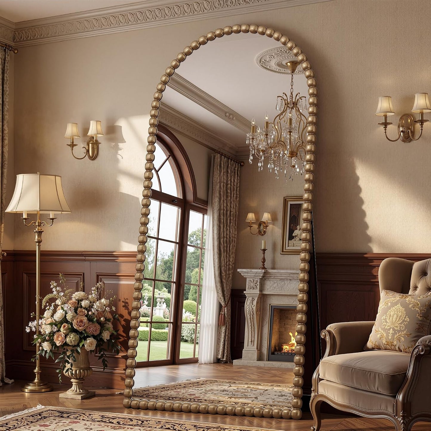 Antok 58" x 21" Arched Full Length Mirror, Antique Beaded Frame Floor Standing or Wall Mounted Mirror with Stand for Bedroom, Entryway, Brown, Luxury Style
